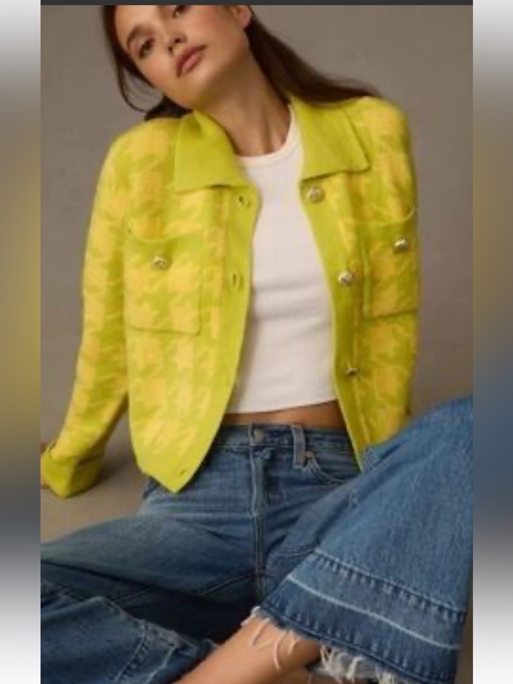 English Factory/Anthro Lime Green Houndstooth Button-Front Cardigan
